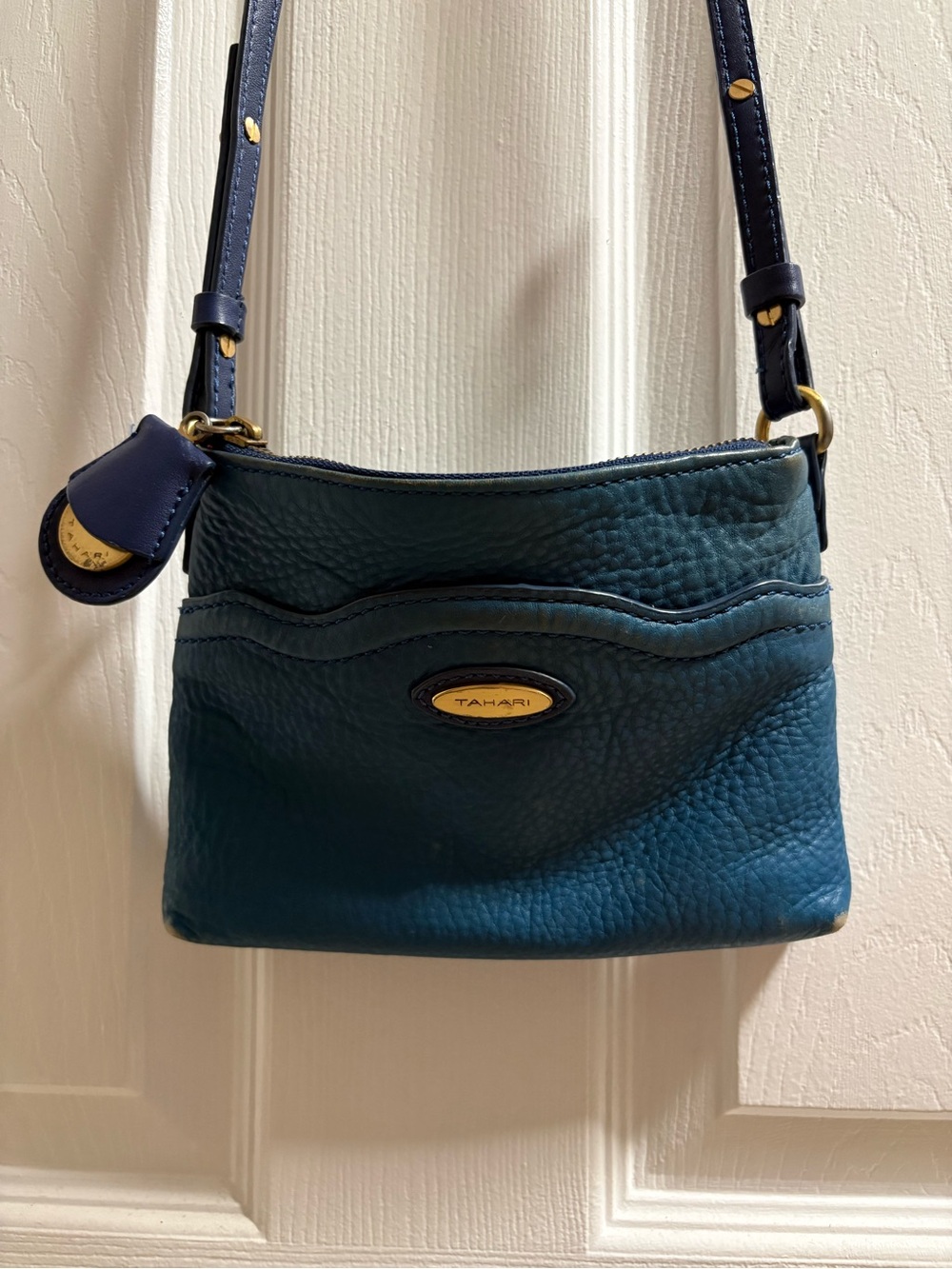 Tahari Teal Pebbled Leather Crossbody with Gold Accents